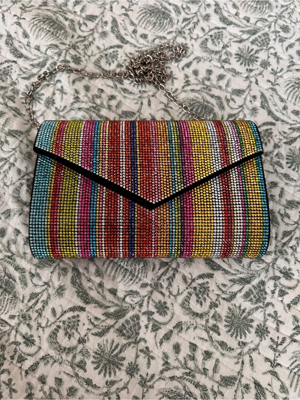 Multicolor Rhinestone Vertical Stripe Envelope Clutch with Removable SilverChain